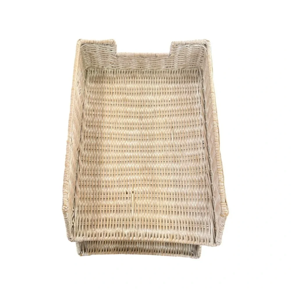 Wicker 2 Tier Letter Tray Desk Paper Organizer Whitewash Coastal Cottage Decor